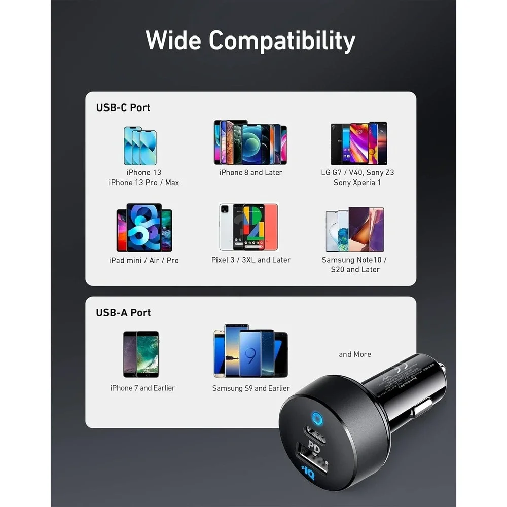 Anker PowerDrive PD+ 2 33W 2-Port USB-C USB-A Fast Car Charger Adapter Black New